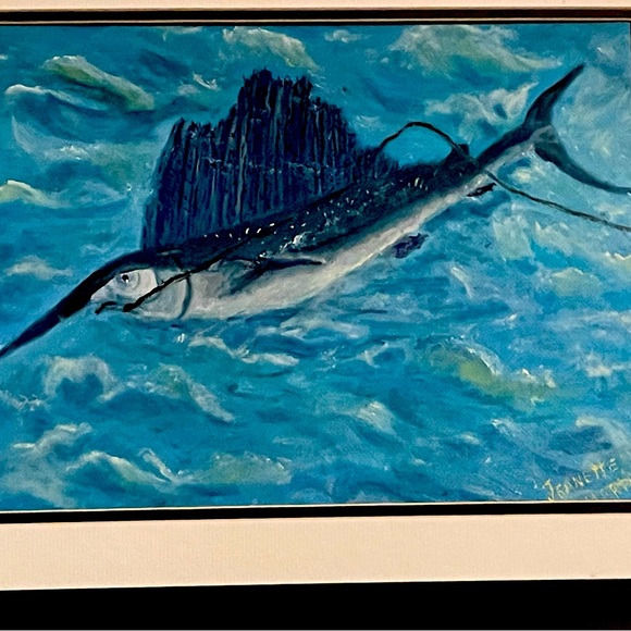 An original oil painting of a swordfish.